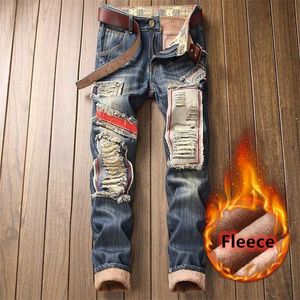 Herren Plus Samt Jeans Winter verdickte kleine geraden Hosen mit Löcher Schnurrbart Effekt Wärme Patch Trend 211111