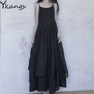 Vintage Gothic Irregular Pleated Sleeveless Maxi Dress Summer Summer Sales Sundresses Singole Casual Colore coreano Solido Colore femminile Robe 210619