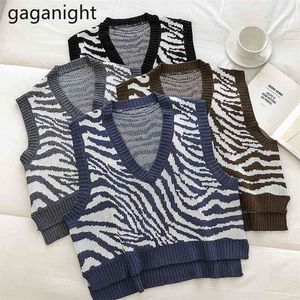 Zebra listrada tricotada camisola colete mulheres casuais coreano pulôver colete primavera outono sem mangas v-pescoço tanque 210601