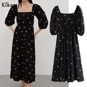 Klkxmyt Za Dress Women Fashion Embroidery Floral Midi Vintage Short Sleeve Square Collar Female es Vestidos 210527