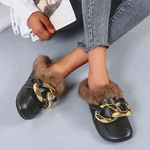 lazyseal autumn Real Fur Metal Chain Mules shoes Loafers Round Toe Castier Shoes women Furry Slides Fluffy Hairy Flip Flops Y1206