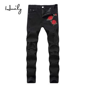 HMILY New Designer Men Jeans Big Size 28-42 Luxury Rose Embroidered Jeans Slim Fit Mens Printed Jeans Biker Denim Pants X0621