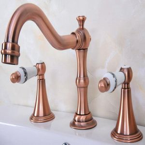 Torneiras de pia do banheiro Montagem de deck 3 orifícios Misturador de banheira Tap vintage Retro antigo Red Copper Brass
