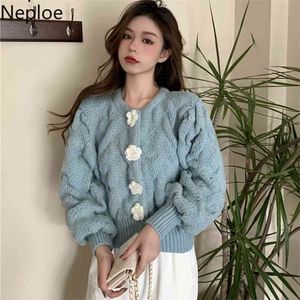 Neploe Beskuren tröja Koreanska Cardigan Crop Top Fashion Sweaters Sueter Coat Crochet Flower Cardigans Kvinnor Sticka Pull Femme 210918