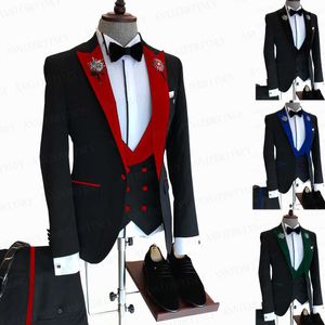Senaste Märke Velvet Lapel Suit for Men Custom Slim Fit Prom Party Bröllop Groom Klänning Tuxedo Blazer Vest med byxor 3 stycken set x0909