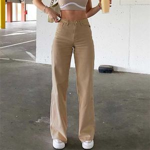 Jeans Women Mom Fit Wide Leg Loose Solid Women's Pants Pocket High Waist Straight Flared Pants Women's Casual Trousers 211112