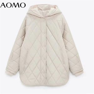 AOMO Women Beige Oversize Long Hood Parkas Autumn Winter Sleeve Buttons Pockets Female Warm Coat 6W02A 211014