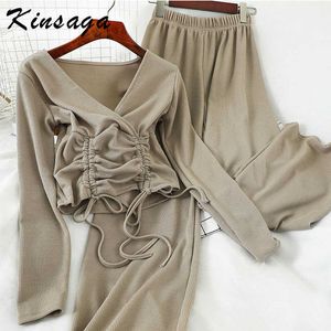 Coreano 2 peças Tricô Lounge Set V Pescoço Drawstring Lace Up Manga Longa Crop Top Alta Cintura Largura Pants Mulheres Sólidas Mulheres SolTs Y0625