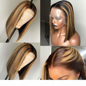 13x6 Highlight Wig Ombre Brown Honey Blonde Short Bob Wig HD Lace Front Wig Colored Full 360 Frontal Human Hair Wigs 4x4 Closure