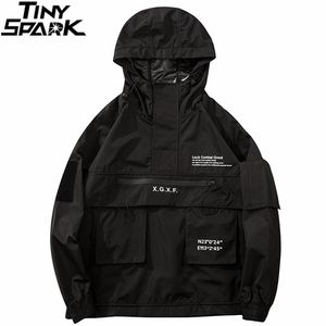 Men Hip Hop Streetwear Jacket Coat Black Windbreaker Cargo Pullover Harajuku Hooded Track Tactical Outwear 211008