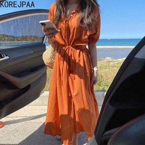 Korjpaa Kvinnor Klänning Sommar Korea Chic Kvinna Enkel Orange Lapel Single-breasted Loose Shirt Style Puff Sleeve Vestidos 210526