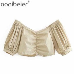 Khaki Bardot Crop Tops Летняя мода V-образным вырезом Ruched Detail Szipper задний с коротким рукавом повседневная женщин с блузки на плече 210604