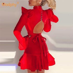 夏の女性の赤いフリル長袖人魚のミニドレスセクシーな中空アウトボタンイブニングクラブパーティー女性ドレス210527