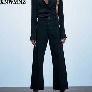 ZAの女性の黒い広い脚ジーンズハイウエストルーズビンテージデニムパンツファッションストリートウェアズボンスポーディーダムスキーFemme 210809