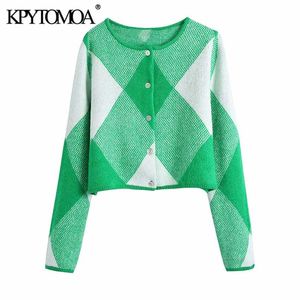 KPYTOMOA女性のファッションアーガイルジャカードクロップドニットカーディガンセータービンテージoネック長袖女性アウターウェアシックトップ211215