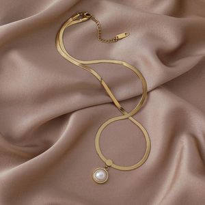 Hängsmycke Halsband Ursprung Sommar Minimalistisk Guldfärg Circle Pearl Necklace för kvinnor Femme Utsökt Franska Vintage Smycken