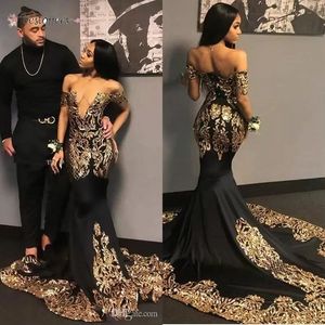 2022 Sexy African Black Prom Dresses With Gold Appliques Sequins V Neck Short Sleeve Mermaid Party Dress Court Train Evening Gowns WHT0228