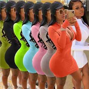 Kvinnor Långärmade Klänningar Designer Sexig Slim Casual Zipper Solid Färg Mode Kjol Plus Storlek Flera färger Bodycon Dress 7 Färger