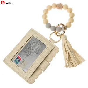 Fashion PU Leather Bracelet Wallet Keychain Party Favor Tassels Bangle Key Ring Holder Card Bag Silicone Beaded Wristlet Wsdf