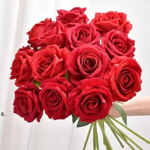 Pojedyncza łodyga Flanel Rose Realistyczne Sztuczne Róże Kwiaty Na Walentynki Wedding Wedding Bridal Dekoracje WHT0228