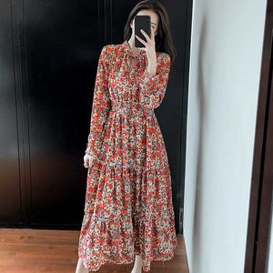 Przyjazd Koreański Eleganckie Damskie Office Work Nosić Z Długim Rękawem Wysoka Talia Floral Print Ruffles Slim Sukienka Vestidos 210529