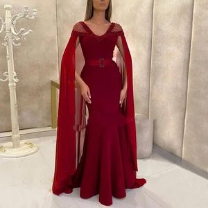 Burgundy Shawl Wrap Evening Dresses Luxury Crystal Beaded Mermaid Long Sleeves Elegant Formal Prom Dress Plus Size Women Party Gowns Robe De Soire