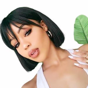 Short Bob None Lace Front Wigs Brazilian Straight machine made Human Hair Wig For Black Women Pre-plucked With Baby Bangs