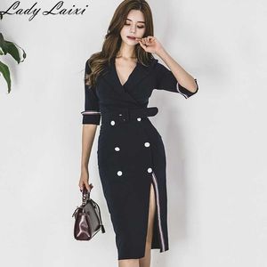 Jesień Biuro Lady Podziel Ołówek Kobiety Sukienka Podwójna Półka Płaszcza Notched Collar Formalna Bodycon Dress Sukienka z Sashes 210529