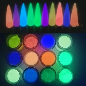 Unhas glitter 12 frascos (12 cores em pó) brilho colorido no escuro acrílico mergulhando para unhas brilham-em-the-escuro