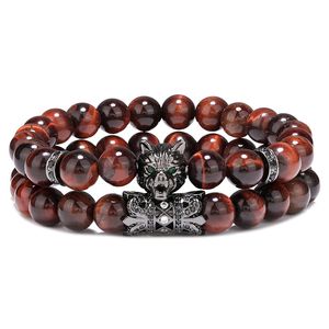 Elegant Natural Power Stone Red Tiger Eye Beads Strands CZ Wolf Head Animal Charm Bracelet Man Jewelry