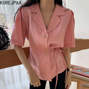 Korejpaa Women Shirt Korean Chic Summer Temperament Suit Collar Single-breasted Side Tie Waist Short-sleeved Blouse Top 210526