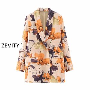 Zevity Women Chic Double Breasted Stylish Abstrakt Flower Print Blazer Coat Office Lady Casual Slim Outwear Suits Tops CT545 210603