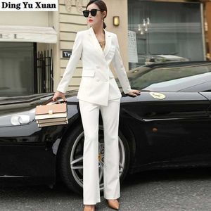 Mulheres Preto Branco Branco Negócio Formal Pant Ternos para Mulheres Escritório Senhoras Dupla Breasted Blazer Calças de Trabalho das Mulheres Pantsuit 210927