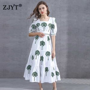 Spring Summer Runway Floral Embroidery Dress Women Clothes Designer Half Sleeve Midi Aline Party Robe Femme White Vestidos 210601