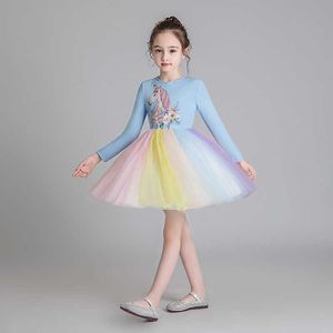 Fashion Teenagers Unicorn Casual Dress Long Sleeve Fall Winter Tutu Children Gauze Princess Halloween Party 210529