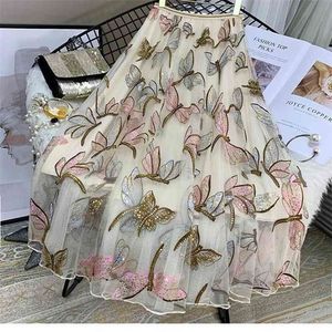Sequin Mesh Embroidery Dragonfly Long Skirt Women's Spring And Summer Slim High Waist Pleated Sweet Midi Tulle Skirts Female 210621