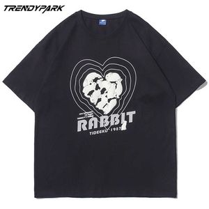 Men's T-shirt Reflection Rabbits Heart Short Sleeve Printed Tee Hip Hop Oversized Cotton Casual Harajuku Streetwear Top Clothing 210601