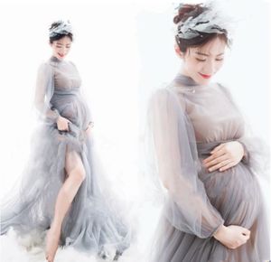 Sexig Long Maternity Photography Props Klänningar Tulle Perspektiv Graviditet Klänning Mesh Maxi Gown För Gravid Kvinnor Fotografering