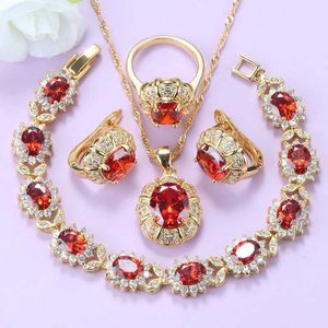 10 colori Bridal Wedding Costume Red Granato Braccialetto Braccialetto Collana e clip orecchini Brasiliani Gold-Color Jewelry Set per le donne H1022