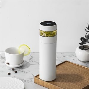 Double Wall Stainless Steel Thermos With Tea Filter 400ml Leak-proof Water Bottle LCD Temperature Display Smart Vacuum Flask 210913