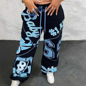 Moda Rahat Harem Pantolon Boy Desen Baskılı Gevşek Geniş Bacak Kadın İpli Sweatpants 211216