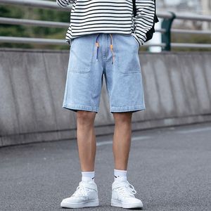 Jeans masculinos 2022 verão marca jovem solto casual denim shorts moda tendência reta cordão simples cor pura calças harem
