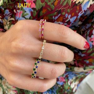 2021 Sommar New European Women Girl Finger Bands Guldfärg Rainbow Färgglada Cubic Zirconia CZ Stacking Eternity Band Rings x0715