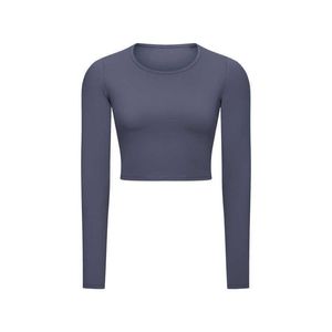 L-2010 Kvinnors toppar Elastic Short Slim Yoga Gym kläder LU-160 CREW NECK Lång ärm Solid Color T-shirt Running Fitness Workout Shirt4