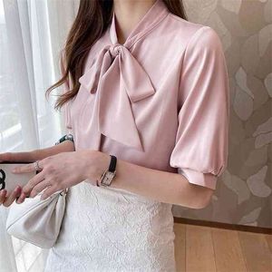 Sommar koreanska kvinnor skjortor kvinna kortärmad blus satin blouses kontor dam rosa toppar plus storlek xxl 210531