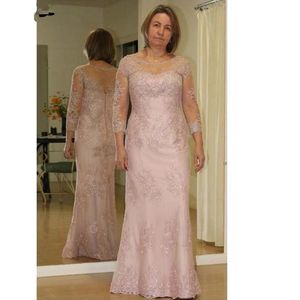 2021 Ilusão Mãe da noiva Vestidos Scoop Pescoço Lace Applique Tulle mangas compridas Plus Size Party Dress Wedding