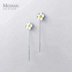 Wysokiej jakości 100% 925 Sterling Silver Cute Frangipani Drop Kolczyki Dla Kobiet Prezent Długi Łańcuch Tassel Kolczyk Fine Jewelry 210707