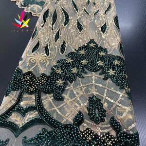 Wholesale Ribbon Nigerian Sequins Velvet Lace Fabrics Emerald Green Mesh African Fabric For Women Wedding Party Dress XZ3236B