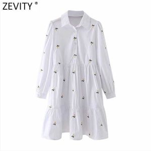 Zevity Women Fashion Floral Embroidery Casual Slim Pleats Shirt Dress Female Chic White Party Vestido Business Cloth DS4969 210603