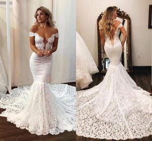 2022 Amazon Floral Lace Bröllopsklänning av axeln Mermaid Style Hollow Back knäppta Zipper Bridal Dresses Extra Small Långt tåg